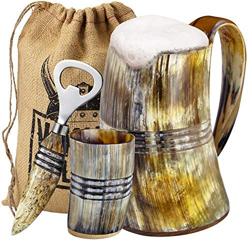 Viking Culture Ox Horn Mug, Shot Glass, and Bottle Opener (3 Pc. Set) Authentic 500 ml. Ale, Mead, and Beer Tankard | Vintage Stein with Handle | Custom Intricate Design - Natural Finish | The Ring
