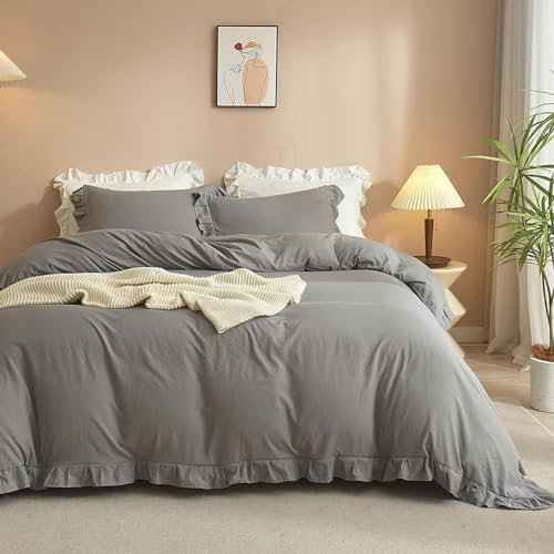 Lanqinglv Rüschen Grau Bettwäsche 135x200cm 4 Teilig Mädchen Mikrofaser Bettbezug Elegant 2X Deckenbezug mit Reißverschluss und 2 Kissenbezug 80x80cm