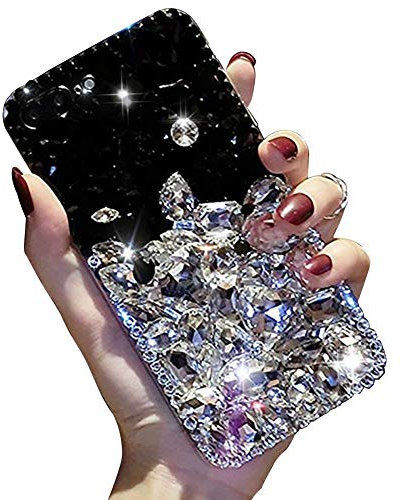 LCHDA Diamant Hülle für iPhone 12 / iPhone 12 Pro 6,1 Zoll, Glänzend Strass Bling Glitzer Juwel Funkeln Volle Diamanten Klar Kristall Steine Transparent Stoßstange Schutzhülle - Weiß&Schwarz