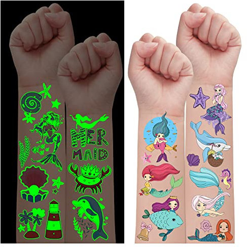 Leesgel 24 Blätter Kinder Tattoo Meerjungfrau, Leuchtende Meerjungfrau Tattoo Kinder Mädchen Kindertattoos Aufkleber Meerjungfrau Deko Party Mitgebsel Kindergeburtstag Geschenk Spielzeug Kleinigkeiten