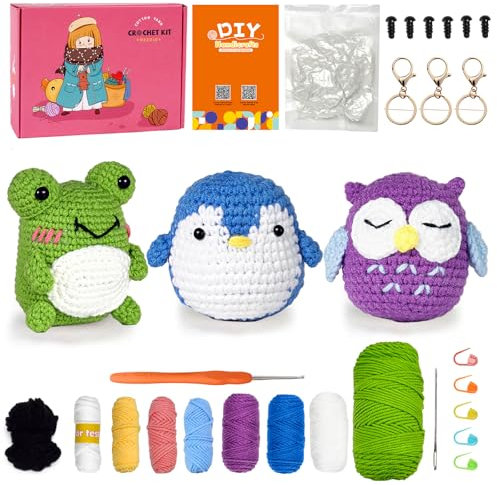 PIPAPI Häkelset für Anfänger, 3 Muster, Tiere, Eule, Pinguin, Frosch, Strickset für Erwachsene und Kinder, mit Schritt-für-Schritt-Video-Tutorials und Garnen, Haken, Zubehör
