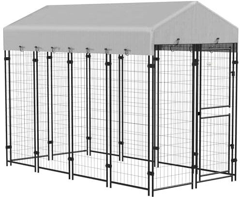 PawHut Chenil d'extérieur enclos 3m² avec auvent imperméable pour Grand Chien, Porte verrouillable 239L x 121l x 183H cm