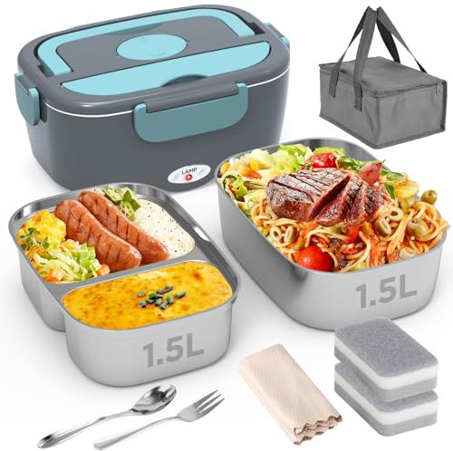 Geveniss Lonchera eléctrica para hombres, mujeres y adultos, calentamiento rápido de 80 W, lonchera térmica con contenedores dobles de 1.5 L SS, calentador de alimentos portátil para coche, camión
