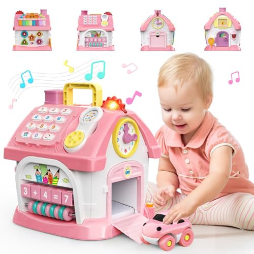 Toys for 1 2 Year Old Girls: Montessori Educational Toys for 1 Year Old, 6 in 1 Multi-Functional Activity House Baby Toy with Music/Clock/Sound/Telephone, Birthday Gifts for 1 2 Year Old Girls Kids