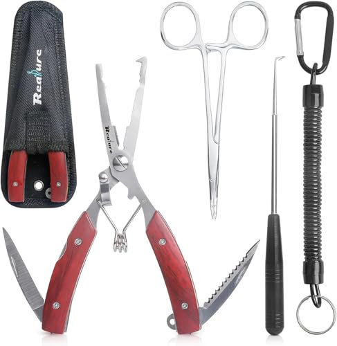 Realure 3 Stück Multifunktionale Angelzange Set mit Lanyard, Umfasst Aterien Zange, Hakenlöser Angeln, Linienschneider Angel Zange für Hakenlöser, Sprengring, Tragbare, Edelstahl (Rot)
