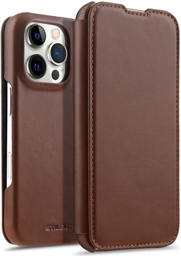 StilGut cover a libro compatibile con iPhone 16 Pro custodia in pelle ultrasottile, apribile di 360 gradi, cover in pelle – Cognac