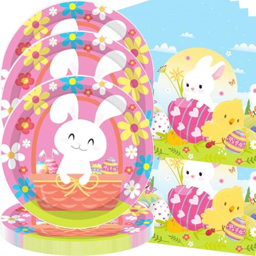 QYEHF Pasqua Piatti di Carta Easter Set 40 Pezzi, buona Pasqua per decorazioni per feste di Pasqua,Decorazione Festa di Pasqua, Coniglietto di Pasqua Piatti,piastra,Asciugamano di carta, 20 Ospiti