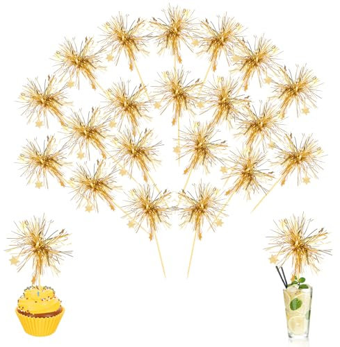 Ouligay 20 Stück Cupcake Deko, Cupcake Topper Tortendeko Gold Feuerwerk Cocktail Deko Glitzer Lametta Cocktailspieße Muffin Deko für Torte Hochzeit Party-Zubehör