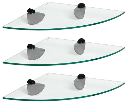 Harbour Housewares Floating Glass Bathroom Corner Shelves - 30cm - Clear/Black - 3x Wall-Mounted Kitchen Bedroom Shower Room Décor Caddy Towel Storage Organiser Shelving Rack with Brackets