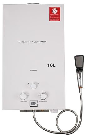 TABODD 16L 32KW Gas Durchlauferhitzer LPG Warmwasserbereiter, Temperatur kann 35-55 ℃ Outdoor Propan-Durchlauferhitzer mit Digitalanzeige und Duschset für Campingausflüge Bootshaus Wohnmobil, Weiß