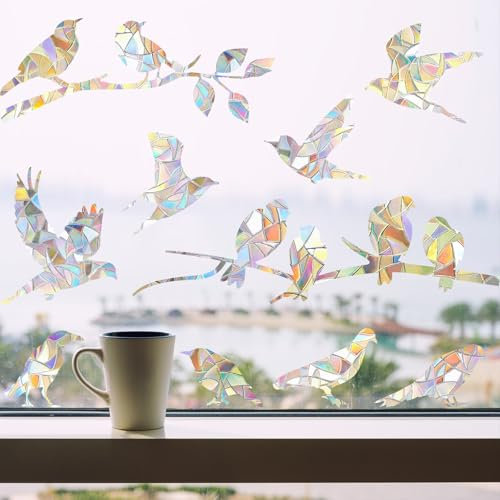 20 Stück Fensterbilder, 3D Sonnenfänger Fenster, Prisma Fensteraufkleber Regenbogen Folie Fenster, PVC Selbstklebende Lichtfänger Fenster, Deko Vögel Fenstersticker zum Vogelschutz für Glasscheiben
