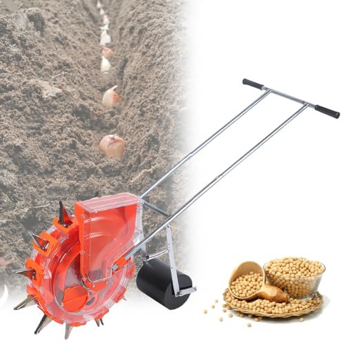 QLSABIA Garden Seed Spreader, Manual Seeder Fertilizer Spreader with 8 Seed Plates, Pitch Depth Adjustable, Portable Lawn and Garden Compost Spreader for Plants Corn, Bean, Vegetables 10 Mouths