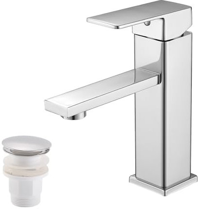 Vuadzren Robinet de salle de bain avec bonde - Robinet de lavabo à une main - Petit mitigeur monocommande - En acier inoxydable - Pour vasque de lavabo (1, chromé avec bonde)