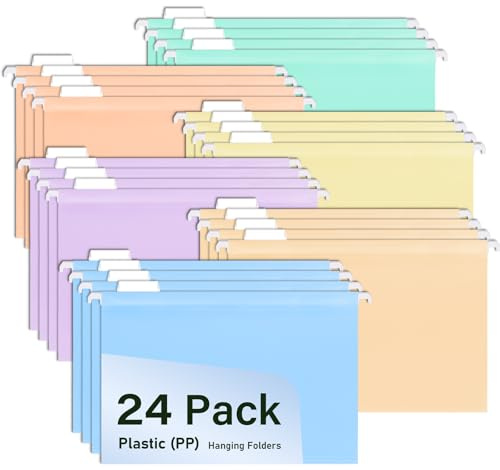 WORPSON 24 Pcs, Foolscap Suspension Files, Multi-Color Plastic Hanging File Folders for Filing Cabinets, with Tabs & Card Inserts, Ideal for Office, School, and Home Organization (24 Pcs, Multi-Color)
