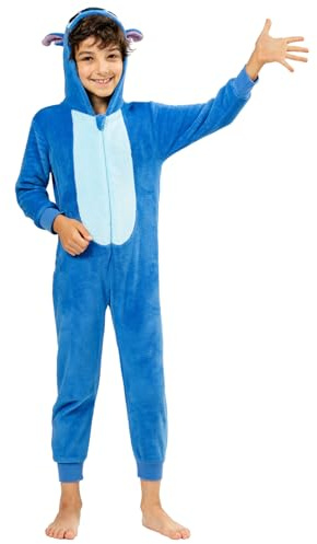 Riethmüller Kinder Onesie Stitch 8–10 Jahre – Offizieller Fleece Overall mit Kapuze & Reißverschluss – Kuscheliger Jumpsuit für Jungen und Mädchen