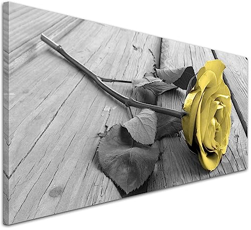 Wallfillers Modern Yellow Rose in Black and White Canvas Wall Art Print - 1255-118x49cm