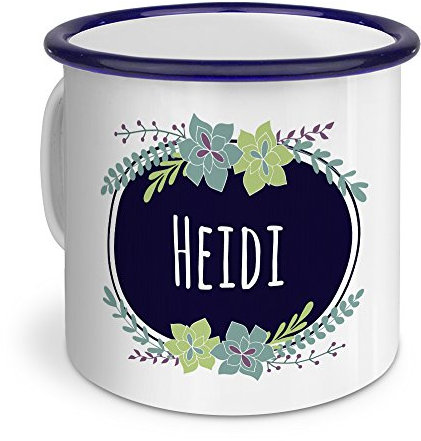 printplanet Emaille-Tasse mit Namen Heidi - Metallbecher mit Design Flowers - Nostalgie-Becher, Camping-Tasse, Blechtasse, Blau