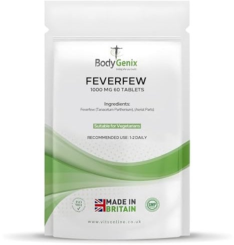 Bodygenix Feverfew 1000mg Tablets - Headaches Relief Joints Health Anti Inflammatory Natural Supplement - 60 Tablets 2 Month Supply