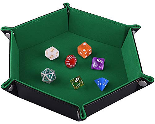SIQUK Doppelseitige Würfelschale, Faltendes Hexagon PU-Leder und Dunkelgrüner Würfelteller für Dungeons und Dragons RPG-Würfelspiel D & D und andere Tischspiele