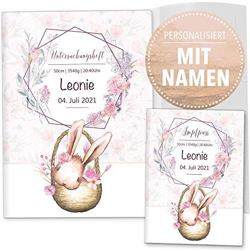 OLGS U-Heft-Hülle inkl. Impfpass Hülle 3-teiliges Set Cute Bunny Hase | Untersuchungsheft- & Impfpasshülle schöne Geschenkidee mit Namen & Geburtsdatum (Uhefthüllen personalisiert, Fiona)