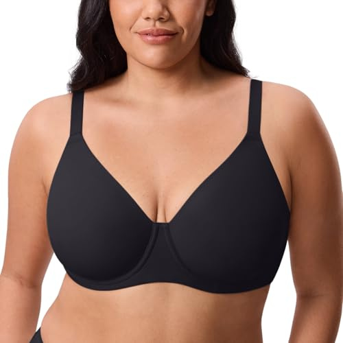 DELIMIRA Women's Inbarely Lift Full Coverage Bras Plus Size Unlined T Shirt Underwire Seamless Bra Back Smoothing Black 38DD