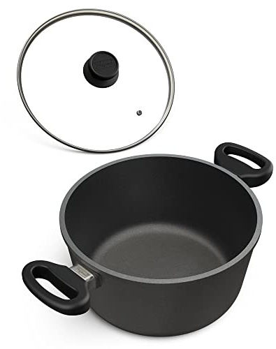 Hoffmann Aluguss Bräter Rund 11 cm Innenhöhe Ø 20 cm I 2,5 Liter I Elektroherd Induktionsherd Ceranfeld Gasherd I Hohe Schmorpfanne mit Glasdeckel