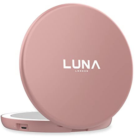 LUNA London Compact Travel Mirror | Travel Makeup with Light | LED Lighted Vanity with 3 Light Modes | 7X Magnification Folding Portable & Rechargeable | Rose Gold