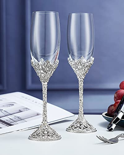 Jozen Gift Champagne Flutes - Crystal Glass Metal Base With Crystal Stones, Set of 2 Toasting Flute Pair, Wedding Anniversary Party Birthday Banquets and Gifts for Bride and Groom(Silver)
