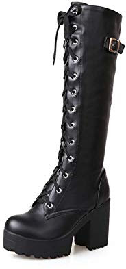 Stivale Donna al Ginocchio di Pelle Stringati con Plateau Stivaletti Alti Retro Anfibi Combattimento Tacco Alto A metà Polpaccio Stivali,Nero,38 EU