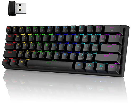 Pauroty 60% teclado mecánico inalámbrico, modo triple 2.4 G/USB-C/Bluetooth para juegos, retroiluminación RGB, interruptor azul Clicky, mini teclado inalámbrico recargable de 61 teclas para iPad Mac,