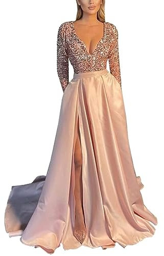 Fanciest Abiti da ballo a maniche lunghe con scollo a V con abiti da sera formali in raso con paillettes a fessura, Rosa cipria, 42