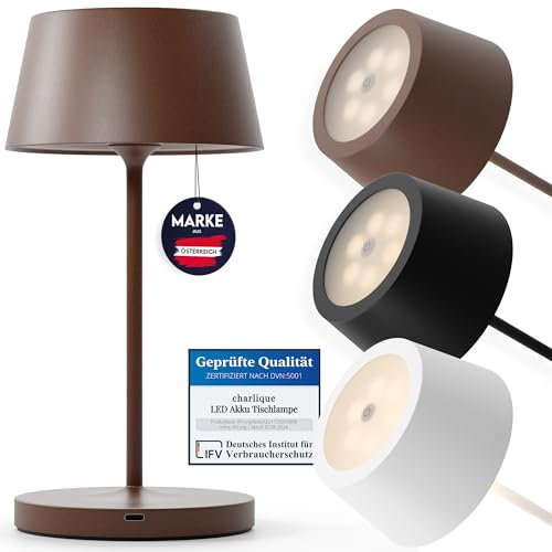 charlique® LED Tischlampe kabellos (braun) - Dinner Light 24 cm - Akku Tischleuchte mit USB, für innen und außen, warmes Licht - wetterfest für Balkon, Terrasse & Garten