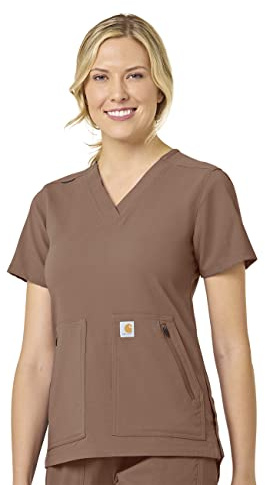 Carhartt Women's Modern Fit 4 Pocket V-Neck Scrub Top Medical Shirt, Nutmeg, S