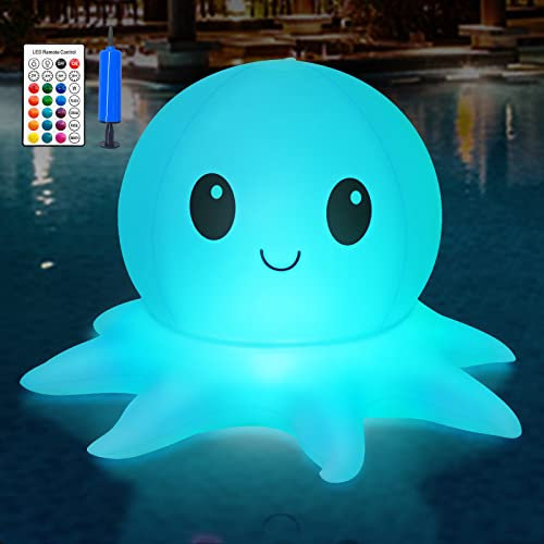 Qoolife Luces solares para piscina, luces inflables de control remoto, luces flotantes de pulpo, 16 colores WRGB, 4 modos, IP68 impermeable, Halloween, paquete de 1