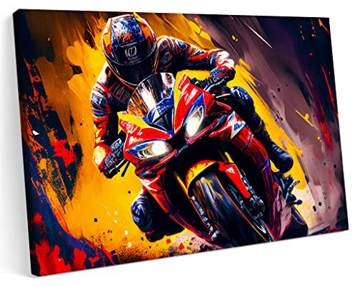 PRINTONIA Bilder Leinwandbild 120x80cm Yamaha MT R1 Motormotorrad Track Race Road Abstrakte Kunst Kunst Neon