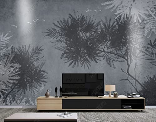 Papier Peint Intissé Oiseaux Végétaux Gris Noir Et Blanc Décoration Murale Poster Tableaux Muraux Tapisserie Photo Trompe L'Oeil Salon Chambre Art Mural 150(W)X105(H)Cm