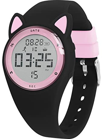 Bigmeda Kinder Armbanduhr Wasserdicht Digitaluhr Vibrationswecker Schritt- und Kilometerzähler, Schlafüberwachung Geeignet für Jungen und Mädchen im Alter von etwa 10 Jahren (HuiPED-Schwarz Rosa)