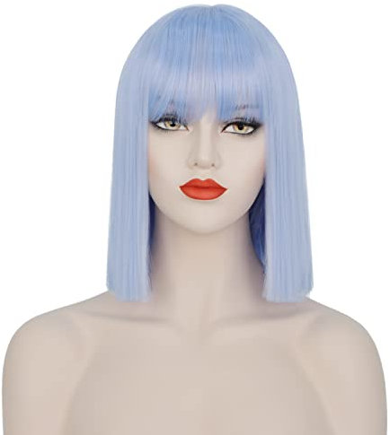 Greenmirr Short Licht Blau BOB Wellige Perücken mit Pony Hitzebeständiges Kunsthaar 14in (Light Blue)