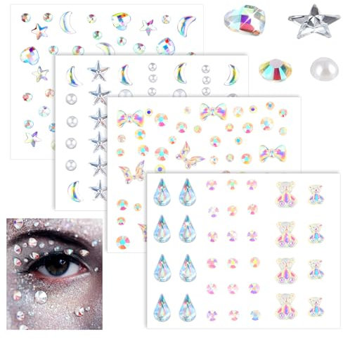 Amaxiu 4 bunte Gesichts Edelstein Aufkleber, Stern Aufkleber Strass Kristall Aufkleber selbstklebende Strass Schmuck Augen Körper Aufkleber geeignet für Gesicht Augen Nägel Körper (A)
