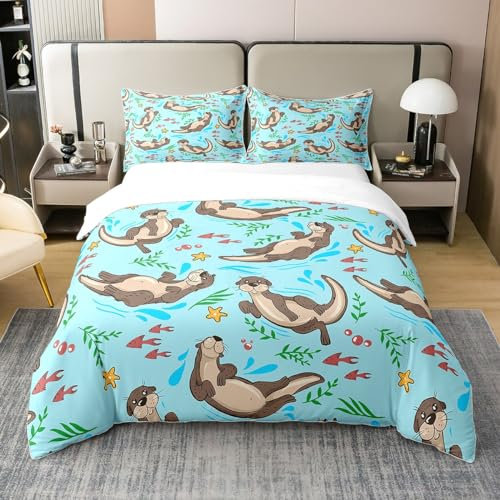 richhome Süße Otter 100% Bio-Baumwolle Tröster Bezug Cartoon Meerestiere Bettbezug Set 200x200 Ozean Abenteuer Thema Bettwäsche Set mit 2 Kissenbezügen