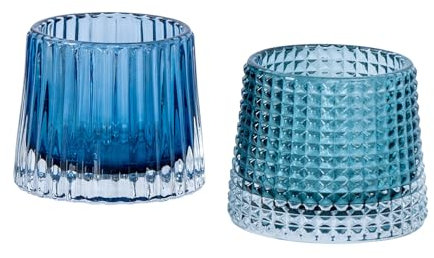 2er Set Teelichthalter H7cm Glas Blau Kerzenhalter Tischdeko Kerzen Retro Deko Windlichter