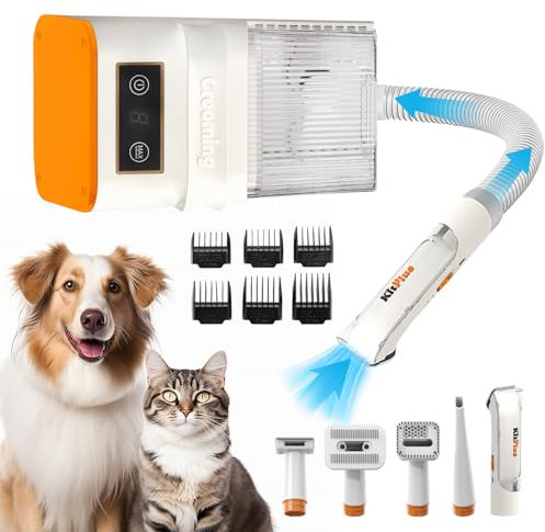 KITPLUS Dog Grooming Kit, 12000Pa 5 Modes Suction Power-Suction 99% Pet Hair, 2L Large Capacity Vacuum, Rechargeable Hair Trimmer, LED Display Dog Clippers, 11 Tools, Deshedding Brush for Dog&Cat