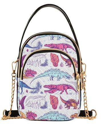 Damen-Umhängetasche im Gothic-Stil, bunt, Dinosaurier, Fossil, mit Reißverschluss, lässige Leder-Handy-Geldbörse, Crossbody-Tasche für Damen, mehrfarbig, Einheitsgröße