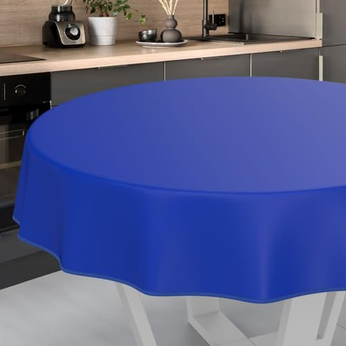 ANRO Wachstuch-Tischdecke Tischdecke abwaschbar Wachstuch Garten-Tischdecke Outdoor Indoor Rund 140cm mit Saum Blau, ERBLAU-RU140-BAND