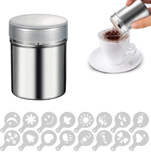 yotutun Edelstahl-Pulverstreuer, Edelstahl Kakaostreuer mit 16 Stück Kaffee Schablone, kakaostreuer für Cappuccino Schablone Kaffee Milchschaum Schablonen, Schokoladenstreuer für Backen, Kochen