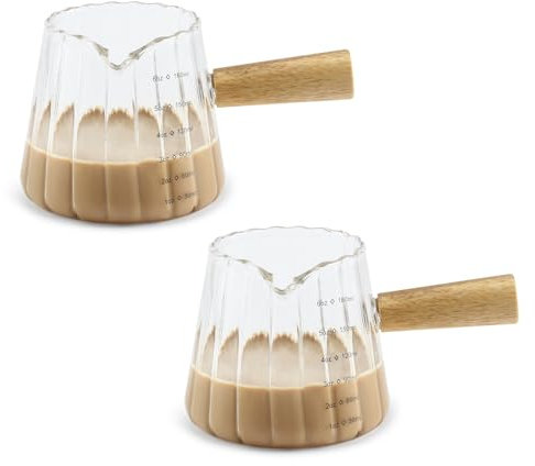 Denovin Glas-Sahnekännchen, 170 ml, Krug mit Holzgriff, kreativer Milchaufschäumkännchen, Messbecher, Schnapsglas, Milchkännchen (2 transparent), 2 Stück