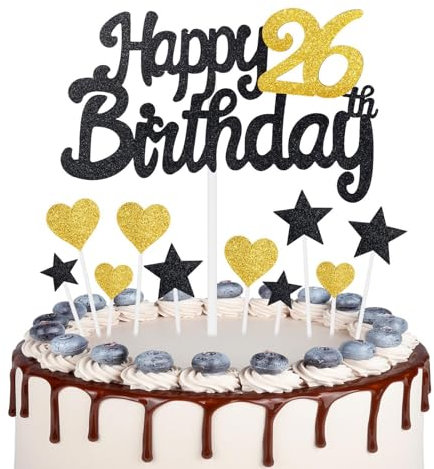 Gold Black 26th Birthday Cake Topper, Girls 26th Birthday Decorations, Gold Heart Stars Cake Toppers, Personalised Happy Birthday Cake Cupcake Toppers for Women Men Girls Boys Birthday Party