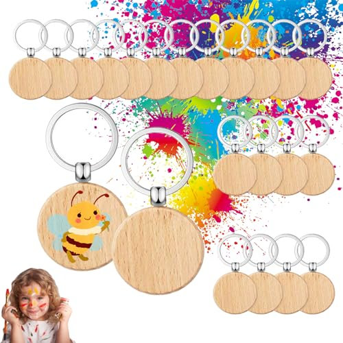 Xinlon 24 Stück Schlüsselanhänger Holz - Blanko DIY Rohlinge Rund für Skulptur, Basteln, Bemalen und Dekorieren