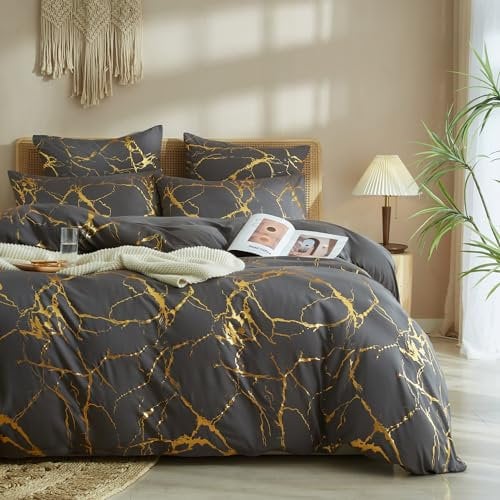 Bettwäsche 135x200 4teilig Grau Dunkelgrau Gold Marmor Muster Glitzermuster Aesthetic Microfaser Bettwäsche Set Luxus Modern Bettbezug Set Teenager Wendebettwäsche und Kissenbezüge 80x80