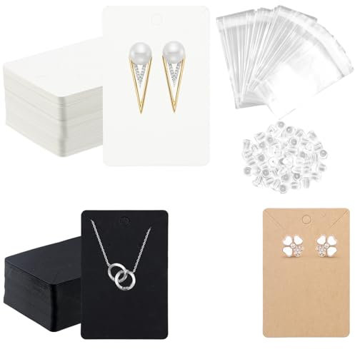 Shengxi 200 Stück Ohrring Display Karten，6x9cm Kraftpapier Ohrring Karten mit 200 Stück Selbstsiegelnde Beutel und 200 Stück Ohrring Rücken für DIY Verpackung Display Schmuck Ohrringe